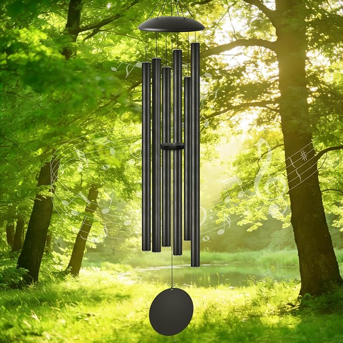 60" Extra Large Wind Chimes with Outside Deep Tone, 6 Thick and Bold Aluminum Tubes, Coolest Metal Windchimes Outdoors, Unique Gift for Mom Women Grandma Neighbors, Garden Decoration(Black)