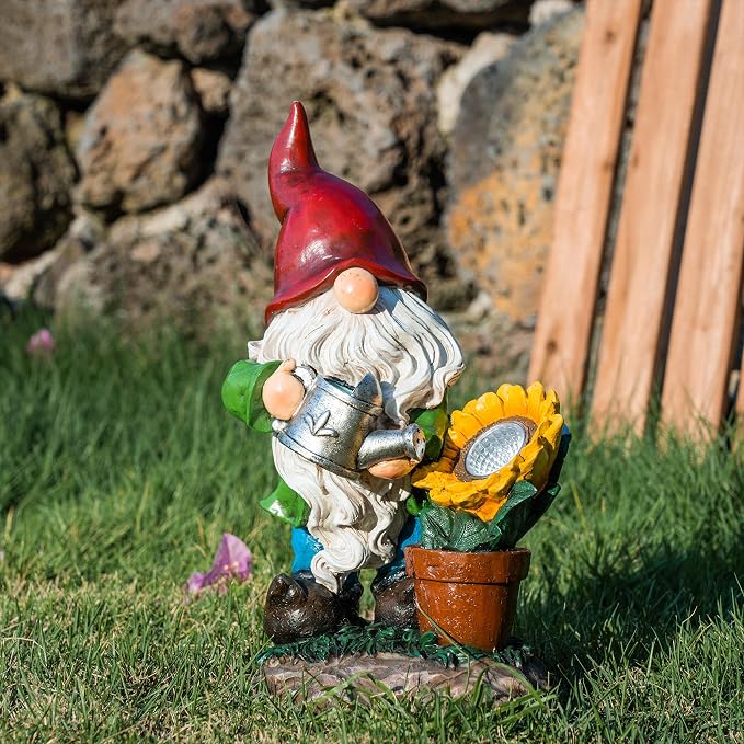 TERESA'S COLLECTIONS Sunflower Garden Gnomes Decorations for Yard with Solar Lights, Cute Resin Garden Sculptures & Statues for Outdoor Patio Lawn Ornaments,Ideal Gifts for Mom Women and Man, 11.4"
