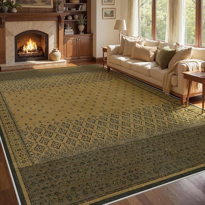 Joydeco Brown Rug 8x10 for Living Room, Washable Area Rugs for Bedroom | Vintage Large Boho Geometric Low Pile Non Slip Ultra Thin Distress Indoor Throw Floor Carpet For Dining Room Home Office Dorm