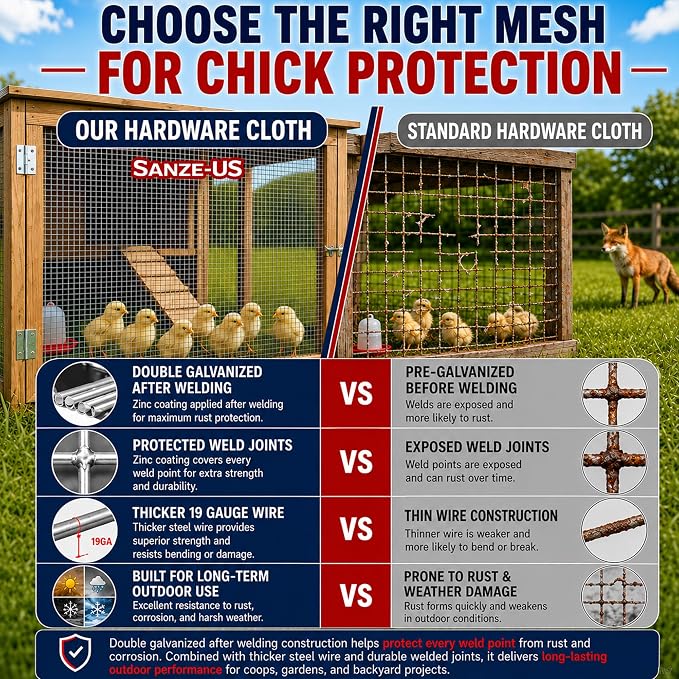 Sanzeus Hardware Cloth, 1/2 Inch 24in x 50ft 19 Gauge, Double-Layer Hot-Dip Galvanizing After Welding, Chicken Wire Fence Wire Mesh Poultry Netting Garden Fence Tree Guard Rolls