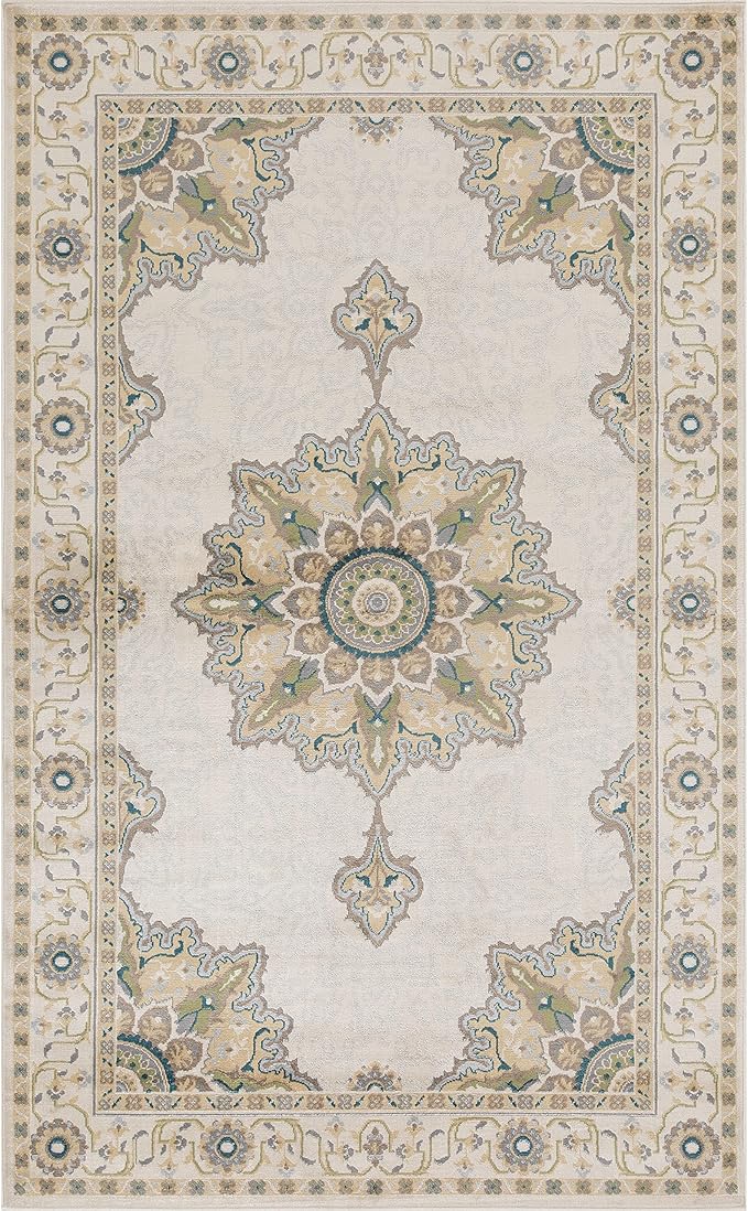 Superior Indoor Area Rug or Runner, Patchwork Rustic Leaves Floor Decor, Soft Plush Rugs for Living Room, Office, Kitchen, Dining, Aesthetic Home Accessories, Zelder Collection 8ft x 10ft - Beige