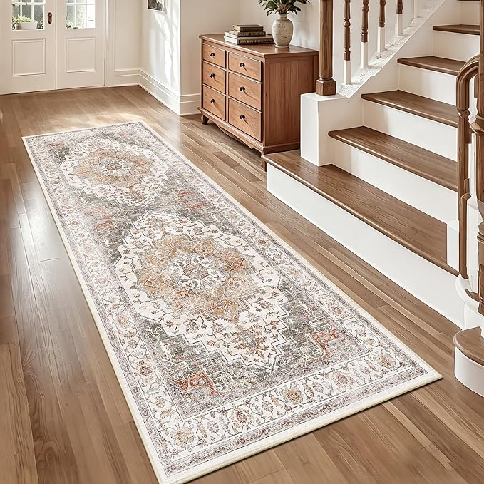 3x7 Vintage Runner Rug Low Pile Non-Slip Washable Kitchen Rug | Retro Distressed Print Rug Orange Gray Carpet Stain Resistant Non-Shedding Long Rug for Hallway Kitchen Bedroom Laundry Room
