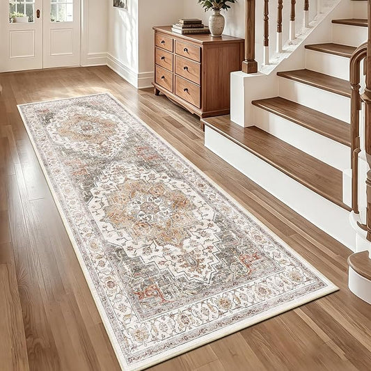 3x7 Vintage Runner Rug Low Pile Non-Slip Washable Kitchen Rug | Retro Distressed Print Rug Orange Gray Carpet Stain Resistant Non-Shedding Long Rug for Hallway Kitchen Bedroom Laundry Room