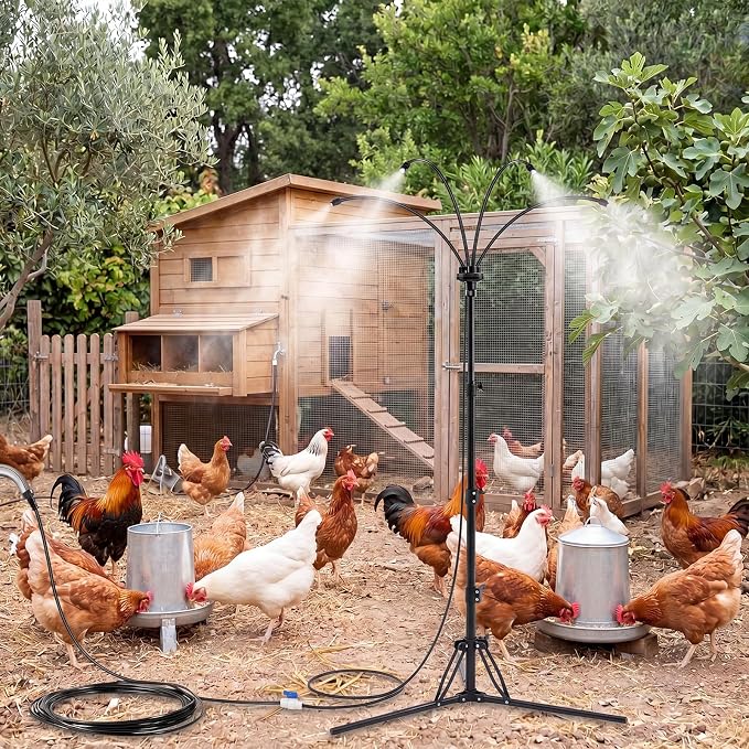 Pickmesh 1 Set Chicken Coop Mister Cooling System, 5.3ft Adjustable Standing Poultry Mister with 26ft Hose, 360° Outdoor Misting System for Chickens, Helps Keep Flocks Cooler During Hot Weather