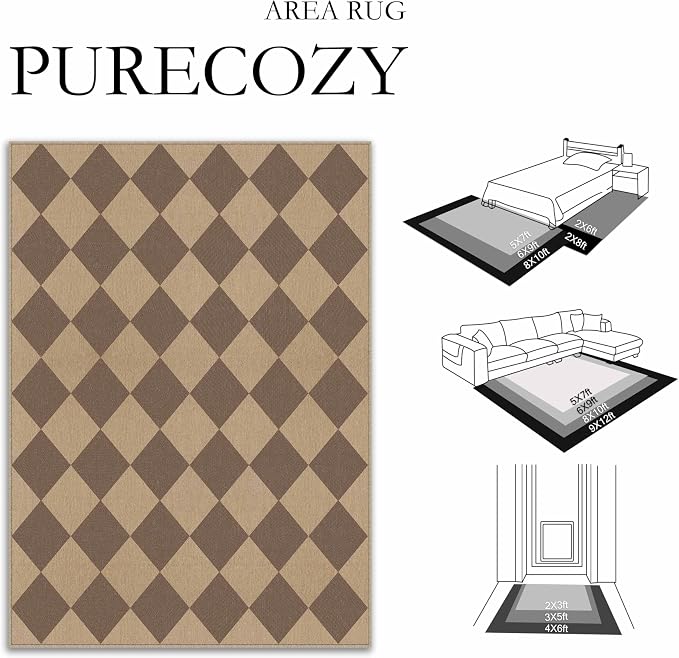 PureCozy 3x5 Checkered Easy Jute Outdoor Patio Rug Washable Area Rugs for Living Room Entryway Diamond Indoor Outdoor Mat Farmhouse Neutral Non Slip Brown Door Carpet for Backyard Bedroom