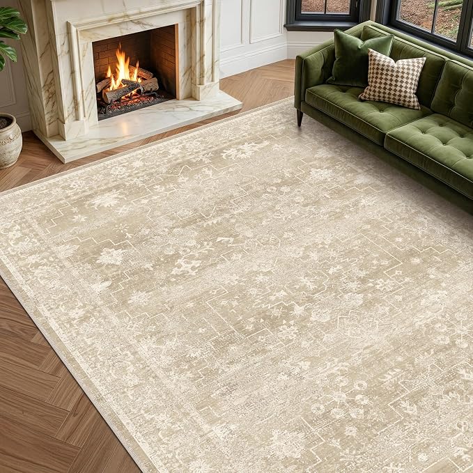 Neutral 8x10 Beige Area Rugs for Bedroom, Living Room, Cottagecore Boho Abstract Distressed Washable Ivory and Champagne Rug for Dining Room, Stain Resistant Low Pile Anti-Slip Ultra Soft
