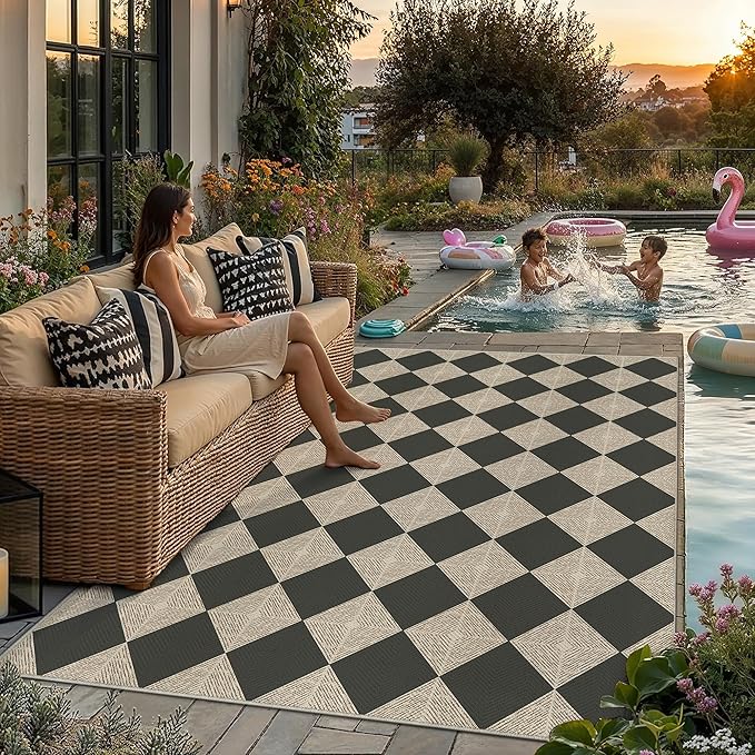 PureCozy 5x7 Checkered Chevron Pattern Area Rug for Living Room Checkerboard Washable Indoor Outdoor Carpet Farmhouse Patio Office Mat Textured Diamond Non Slip Black Carpet for Backyard Dining Room