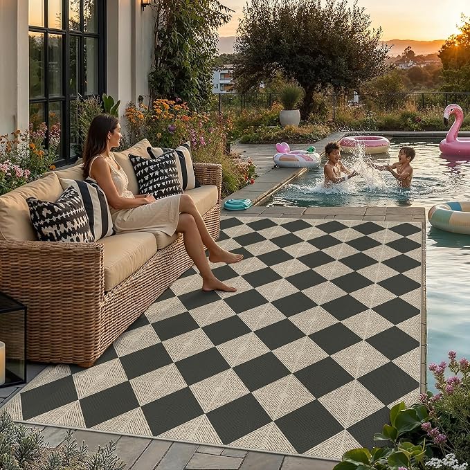 PureCozy 5x8 Checkered Chevron Pattern Area Rug for Living Room Checkerboard Washable Indoor Outdoor Carpet Farmhouse Patio Office Mat Textured Diamond Non Slip Black Carpet for Backyard Dining Room