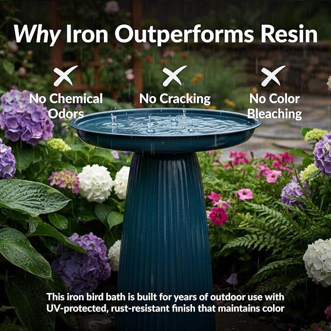 Sunnydaze Gleeful Garden 23" Iron Pedestal Bird Bath for Outside - Modern Shallow Basin Birdbath for Outdoors with UV-Protected Rust-Resistant Finish for Patio, Garden, Yard Decor - Blue Glaze