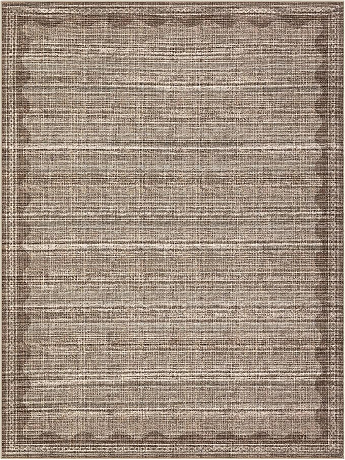 8x10 Scalloped Area Rugs Coffee Washable Living Room Bedroom Rug | Solid Tan Rug for Bedroom Girls, Non Slip Throw Carpet With Rubber Back, Soft Dorm Nursery Scalloped Rugs for Dining Room