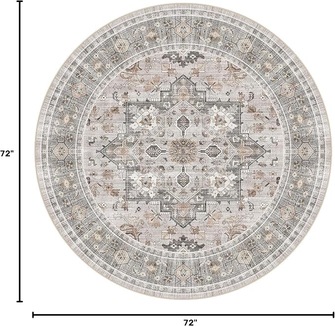 Washable Area Rug-6X6 Vintage Neutral Soft Taupe | Non Slip Thin Foldable Large Floor Carpet for Living Room Bedroom Kitchen Dining Room Home Office Farmhouse Indoor