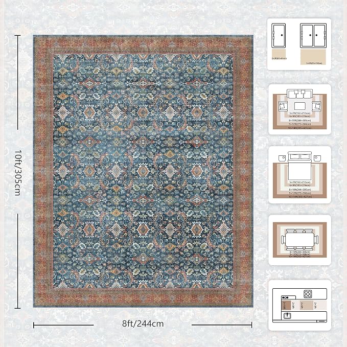 8x10 Area Rugs for Living Room - Washable Vintage Retro Large Rug, Soft Ultra Thin Non Slip Low Pile Traditional Distressed Boho Carpet for Bedroom Dining Room Home Office, Navy Rust