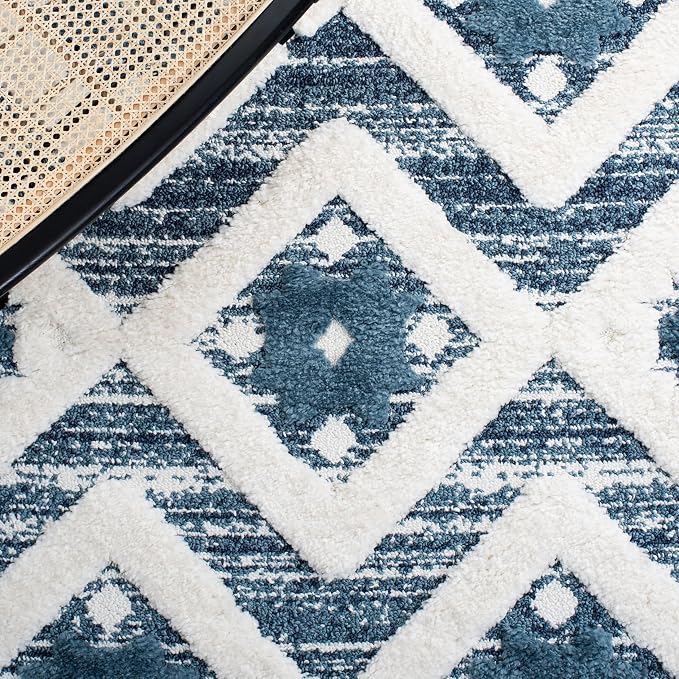 SAFAVIEH Moroccan Tassel Shag Collection Runner Rug - 2'3" x 8', Blue & Ivory, Boho Design, Non-Shedding & Easy Care, 2-inch Thick Ideal for High Traffic Areas in Living Room, Bedroom (MTS664M)