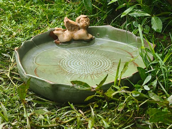 9.45inch Ceramic Ground Bird Bath Bowl for Outside, BirdBath Bowl Only, Ground Bird Feeders and birdbath for Outdoors, Tabletop，Balcony and Garden(Angel)
