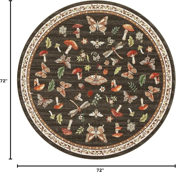 Mushroom Insect 6ft Round Rug Washable Non-Slip Soft Ultra-Thin Boho Circle Carpet for Living Room Bedroom Kitchen Nursery Dining Room Brown
