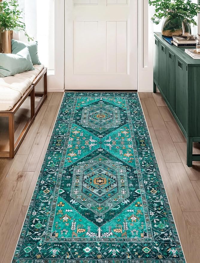SERISSA 2x5 Washable Non Slip Boho Runner Rug for Hallway，Teal | Ultra Soft Vintage Oriental Carpet Low-Pile Distressed Tribal Floor Carpet for Kitchen Bedroom Bathroom Laundry Living Room
