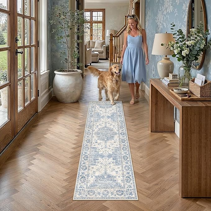 Blue Runner Rug 2x6 Kitchen Vintage Floral Non-Slip Carpet | Machine Washable, Soft, Low Pile, Distressed, for Hallway, Entryway, Laundry Room, Bathroom, Retro Neutral Decor