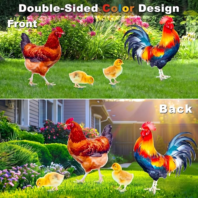 Chicken Family Metal Yard Stakes Set of 4, Double-Sided Metal Garden Stake Decor with Rooster Hen and 2 Chicks, Outdoor Chicken Yard Art for Garden Patio Farmhouse, Unique Gifts for Mom Grandma