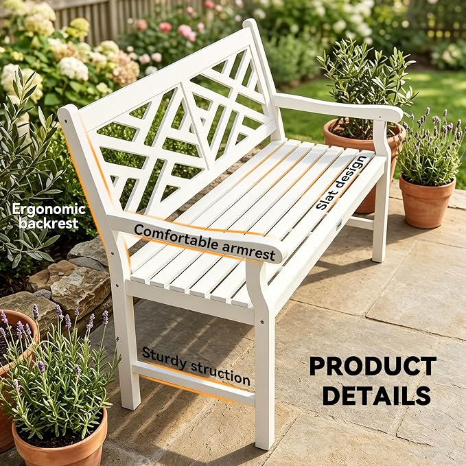 Outsunny Outdoor Garden Bench, Wooden Frame Patio Bench with Geometric Pattern, 43.25 Inch Weatherproof 2-Person Love Seat for Garden, Lawn, Porch, Yard, Work Entryway, White