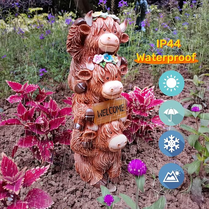 12 Inch Highland Cow Statue Solar Outdoor Decor for Yard Patio Front Door, Farmhouse Porch Decoration Animal Cattle with Led Welcome Sign Flowers Light, Home Ornaments for Outside, Mom's Gifts
