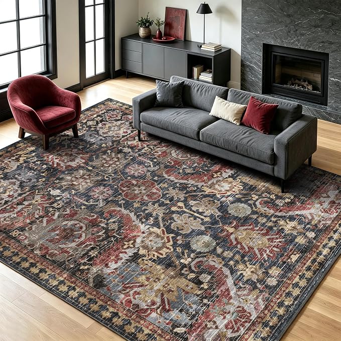 Washable Area Rugs - Perfect for Living Room, Bedroom, Kids Room, Nursery - Stain & Water Resistant Non-Slip, Pet & Child Friendly, Vintage Tribal Area Rugs (Rust, 8' x 10')
