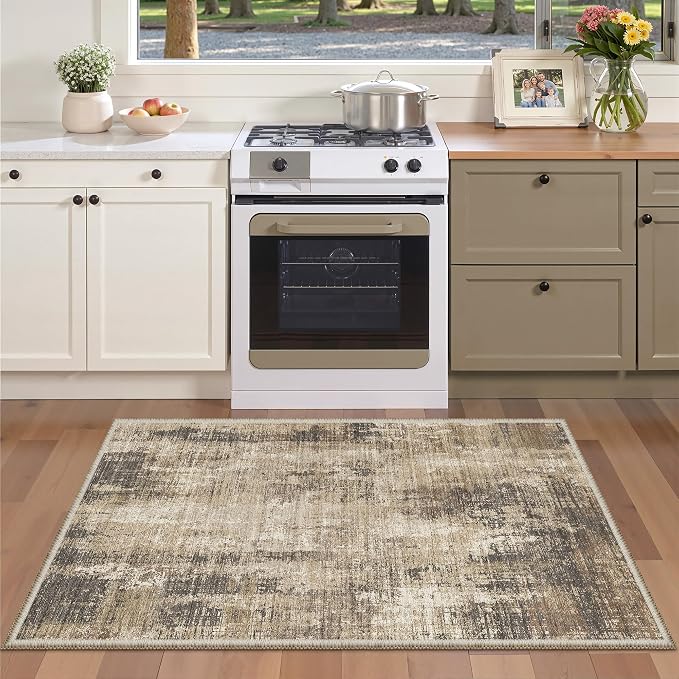 Valenrug 3x5 Rug Non Slip, Abstract Washable Entryway Rug for Bedroom Taupe | Soft & Lighweight, Folable, Stain Resistant Low Pile Thin Indoor Distressed Carpet Rugs for Living Room,Laundry Room,Kitchen
