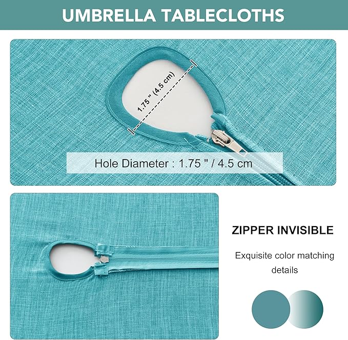 LUSHVIDA Outdoor Tablecloth with Umbrella Hole - Patio Table Cloth Zippered Rectangle 52x70 Inch, Teal Linen-Look Polyester Table Cover Water Resistant for Picnic Outside