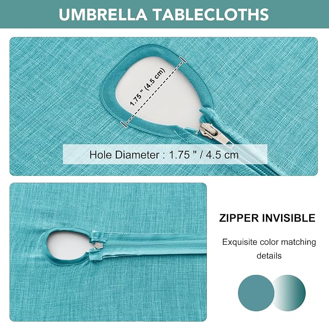 LUSHVIDA Outdoor Tablecloth with Umbrella Hole - Patio Table Cloth Zippered Rectangle 60x84 Inch, Teal Linen-Look Polyester Table Cover Water Resistant for Picnic Outside