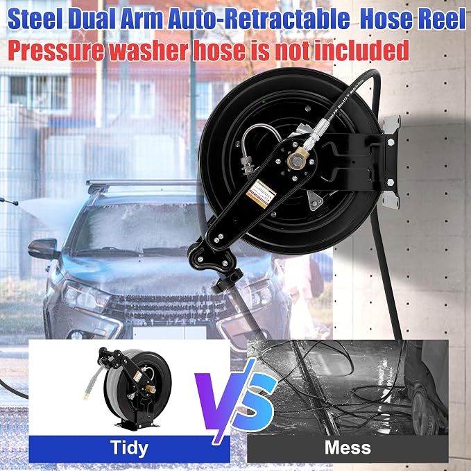 FIXFANS High Pressure Washer Hose Reel for Water/Air/Oil, 50 FT X 3/8" or 100 FT X 1/4" Steel Dual Arm Auto-Retractable Power Wash Hose Reel, Heavy Duty Hose Reel 4000 PSI