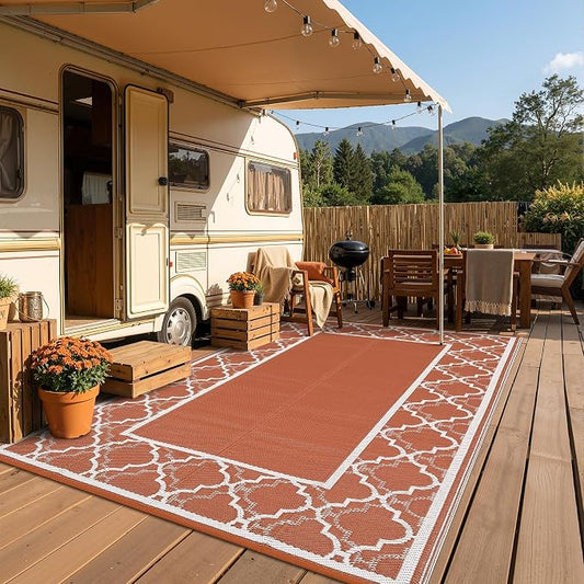 Garvee Reversible Outdoor Rug 8x10, Waterproof Outdoor Plastic Straw Rug with Interlacing Pattern, RV Mat for Picnics, Patio, Camping, Balcony, Deck, Backyard, Porch, Orange
