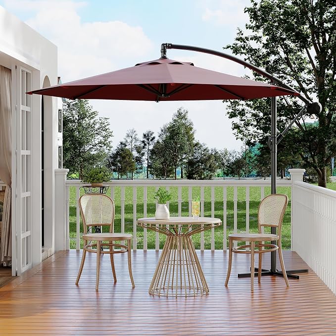 Garvee 10FT Offset Patio Umbrella with Cross Base, Cantilever Umbrella with Easy Lift & Tilt Adjustment, 8 Ribs Sun umbrella UV Protection for Backyard, Pool, Garden, Burgundy