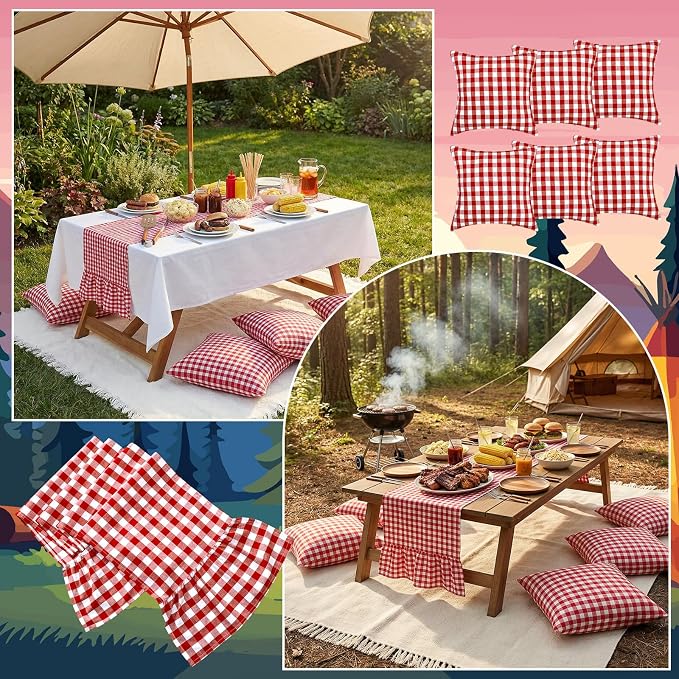 Extra Large Outdoor Boho Picnic Blanket Set with Plaid Table Runner, 6 Pillow Covers 6 Napkins, 91x71 Inch Oversize Woven Cotton Machine Washable Beach Mat for Camping Wedding Picnic