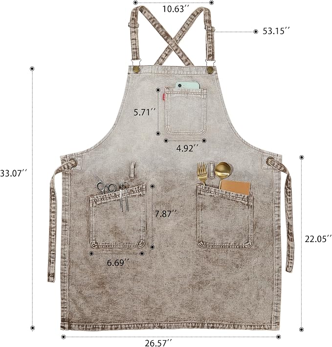 Denim Chef Apron for Women with Pockets, Jean Waitress Server Kitchen Apron for Men Cooking Gardening Painting