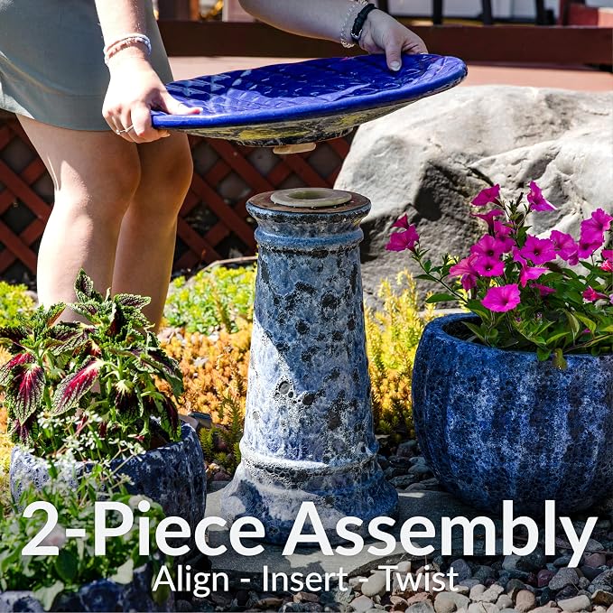 Sunnydaze Rennes Outdoor Ceramic Bird Bath - 22.5" H - UV- and Frost-Resistant - Glazed Bowl with Blue Lava Finish