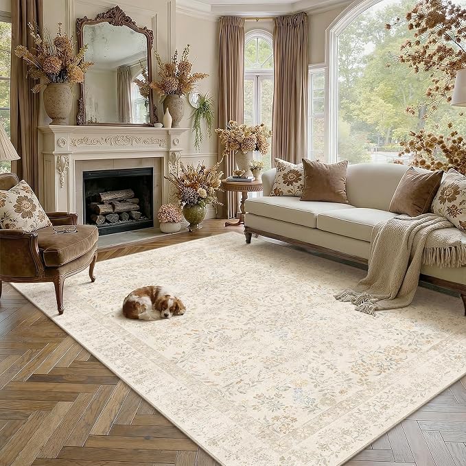 8x10 Beige Floral Area Rug Vintage Farmhouse Style | Washable, Non Slip, Soft Low Pile, Indoor Carpet for Living Room, Bedroom, Dining Room, Botanical Decor