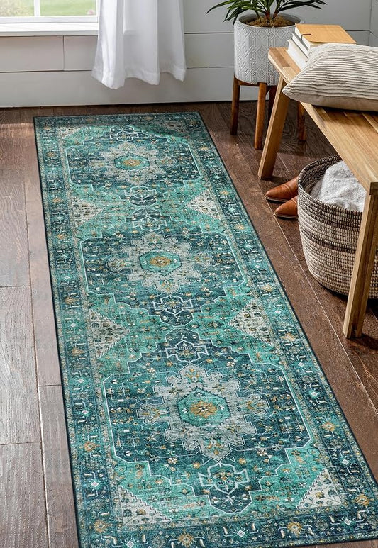 Moynesa Ultra-Thin Washable Vintage Runner Rug - 2'6"x8 Boho Hallway Kitchen Runner Oriental Medallion Bedside Mat Non-Slip Non-Shedding Indoor Throw Carpet for Laundry Entrance, Teal/Mutil