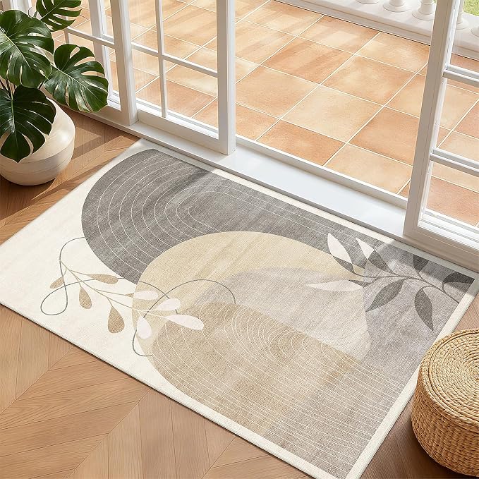 2x3 Washable Rug Small Area Rugs Non Slip Mid Century Modern | Throw Carpet for Bathroom Entryway Kitchen Bedroom Floor Indoor Boho Abstract Retro Geometric Neutral Beige