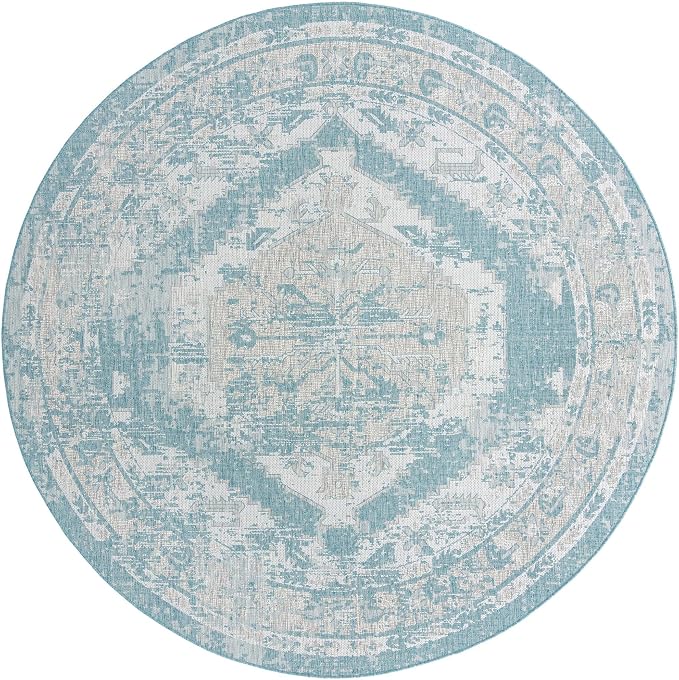 Unique Loom Outdoor Traditional Collection Area Rug - Valeria (13' Round Aqua/Ivory)