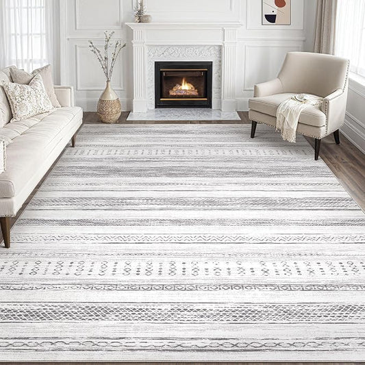 Tortania Area Rug Living Room Rugs - 8x10 Washable Large Soft Neutral Boho Moroccan Bohemian Farmhouse Rug Indoor Floor Carpet for Bedroom Under Dining Table Home Office Decor - Light Grey