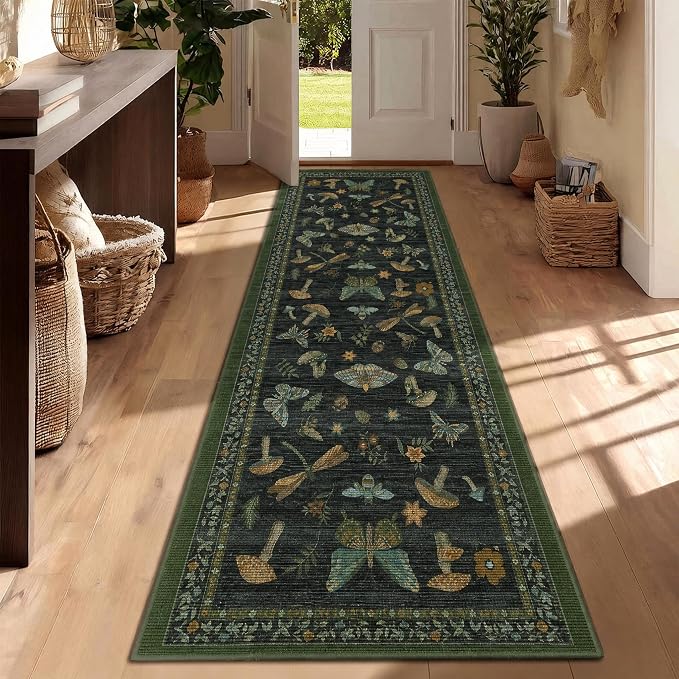 ROYHOME Mushroom Insect 2x6 Kitchen Runner Rug for Hallways Dark Green | Entryway Bedroom Bathroom Washable Bug Moth Cute Funky Cottage Core Whimsical Boy Rugs Low-Pile Non-Slip TPE Backing