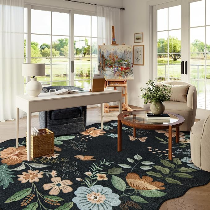 Lahome Floral Washable 6x9 Area Rugs, Soft Bedroom Rug for Living Room | Ultra-Thin Non Slip Dining Room Rug Stain Resistant Boho Throw Carpet for Office Flore (6'x9', Black/Grey)
