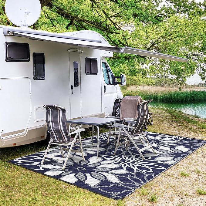 GENIMO Outdoor Rug Waterproof for Patio Decor, 5' x 8' Reversible Plastic Straw Floral Camping Carpet, Large Area Rugs Mats for RV, Camper, Deck, Balcony, Porch, Beach, Picnic, Blue & White