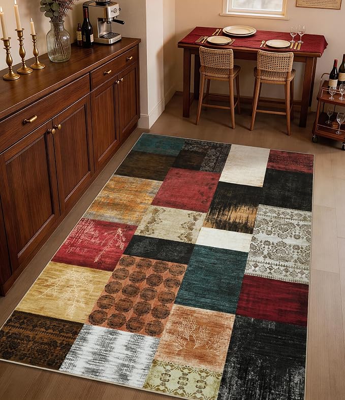 Mid Century Modern Vintage Cowboy Area Rug 3x5 for Bedroom,Retro Patchwork Living Room Rug Non Slip,Red and Brown Floral Farmhouse Rugs Washable, Geometric Boho Rugs for Kitchen,Dining Room