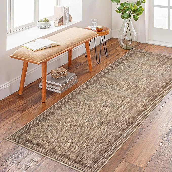 2.5x8 Scalloped Runners Coffee Washable Hallways Bedroom Rug | Solid Non Slip Scalloped Bath Runner, Rugs for Bedroom Girls, Rugs for Kitchen Floor Soft Dorm Nursery Carpet for Bedside