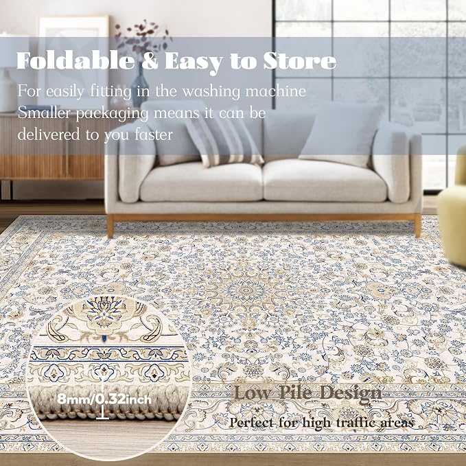 Area Rug 8x10 Washable Rug, Vintage Boho Medallion Rugs Non-Slip Soft Low Pile Large Distressed Rug Indoor Retro Carpet for Living Room Bedroom Dining Room Home Office (BeigeBlue, 8'x10')