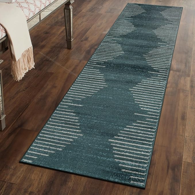 Rugshop Bohemian Stripe Stain Resistant High Traffic Area Rug Teal 2' x 7' | Rectangular, Size 2' x 7', Living Room, Bedroom, Dining Room, Home Office, Kitchen, Entryway, Hallway, Nursery, Kids Room