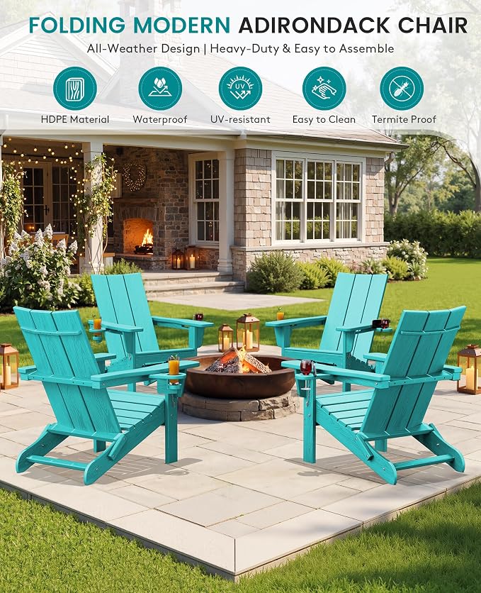 SERWALL Modern Folding Adirondack Chair Set with 9 Ft Umbrella, Folable Adirondack Chairs Set of 2 with Cup Holders, HDPE Fire Pit Chairs for Patio Lawn Garden, Teal (Umbrella Base is not Included)