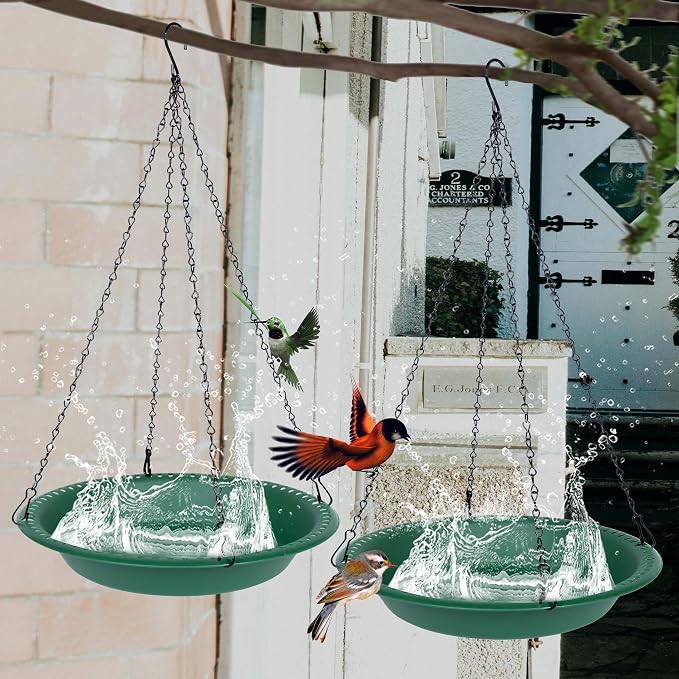 OVZILKI Bird Baths for Outdoors Heavy Duty, 16 inch BirdBath Bowl Only with Rust-Proof Black Chains, Hanging Bird Bath Hanging Bird-Feeder for Garden Backyard Decor (Green 1 Pack)