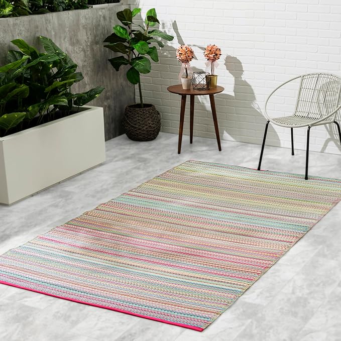 Fab Habitat Outdoor Rug - Waterproof, Fade Resistant, Crease-Free - Premium Recycled Plastic - Striped - Porch, Deck, Balcony, Mudroom, Laundry Room, Patio - Cancun - Candy - 2.5 x 8 ft Runner