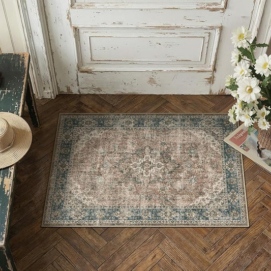 HUGEAR 2x3 Entryway Area Rug Retro Blue Brown Small Rug Machine Washable Door Mat Vintage Floral Low Pile Carpet Distressed Throw Rug Entrance Kitchen Bedroom Non Slip Soft Lightweight